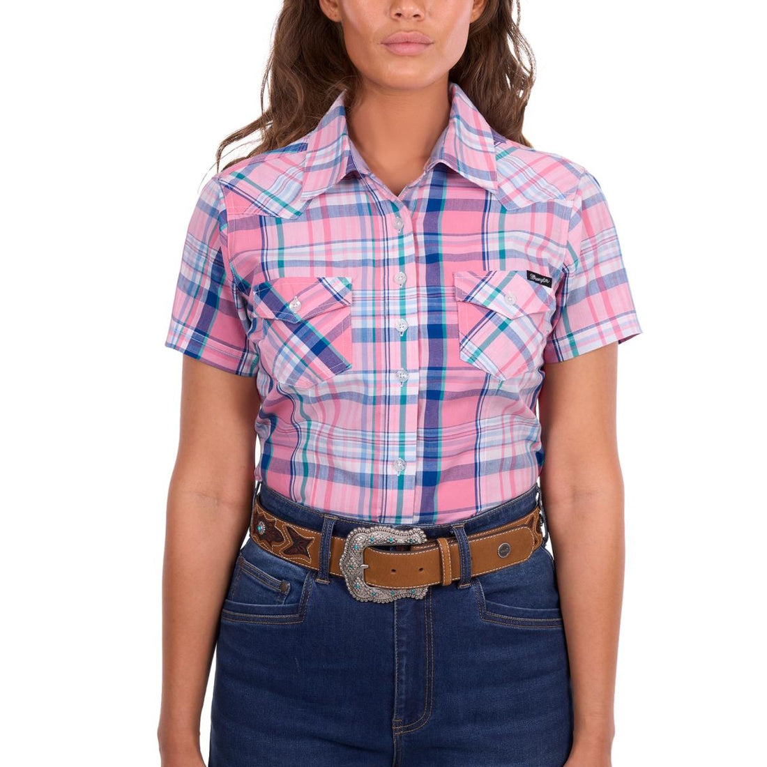 Wrangler® Womens Kiara Check Western Short Sleeve Shirt