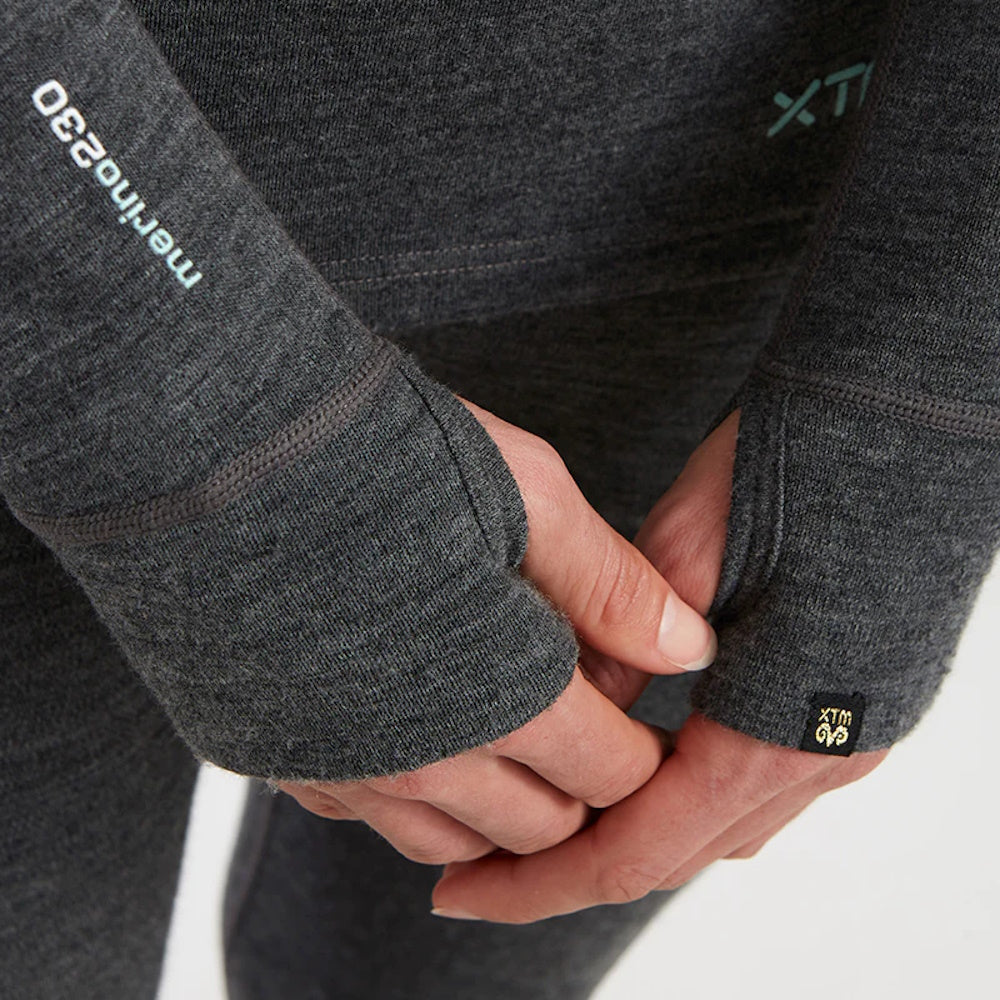 Close up of sleeve on XTM Womens Merino Top in Grey