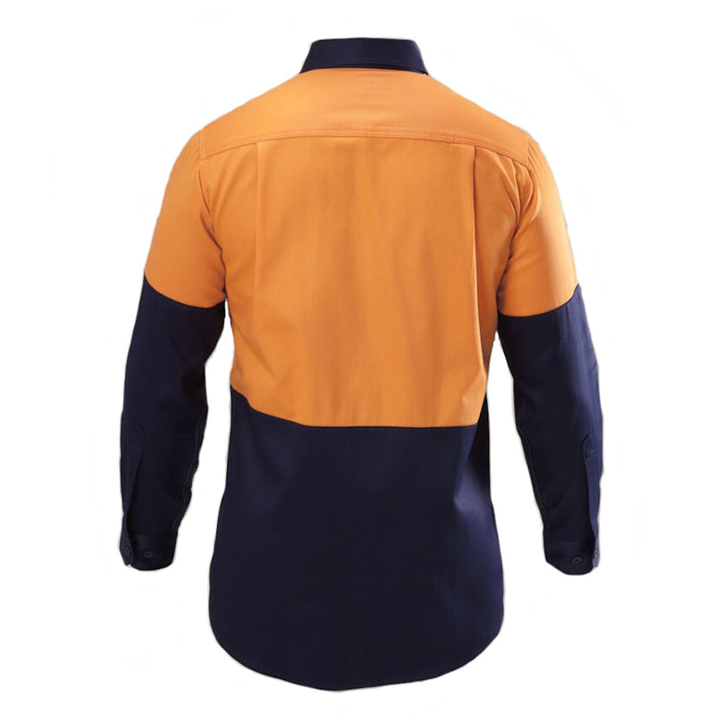 Back view of Hard Yakka Hi Vis 2 Tone Long Sleeve Drill Shirt in Orange