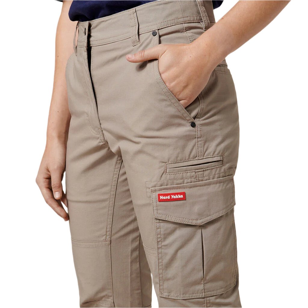Close up of Hard Yakka Womens Slim Fit Ripstop Cargo Pants in Khaki