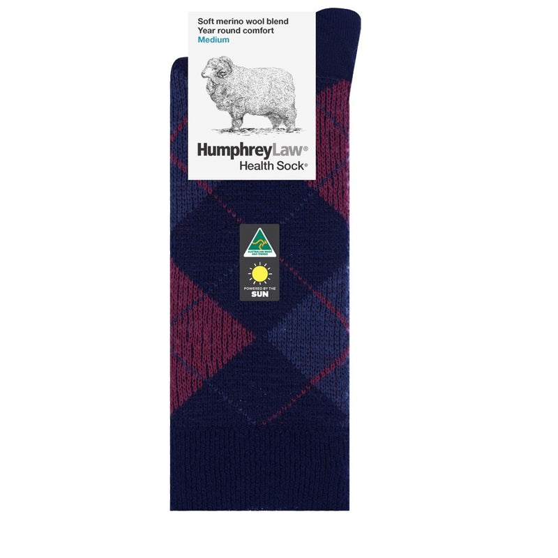 Humphrey Law Fine Wool/Polyester Argyle Pattern Socks Navy Burgundy