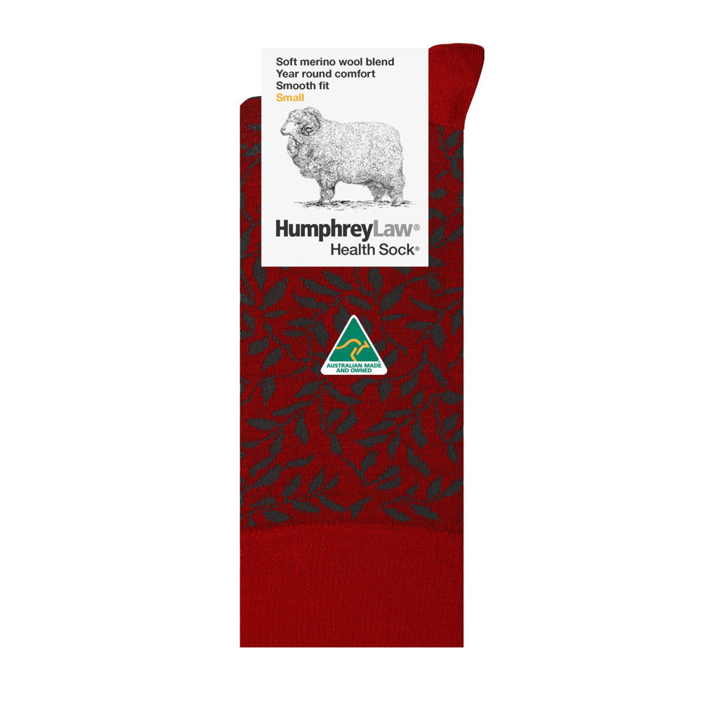 Humphrey Law Fine Merino Wool Pattern Socks  Red Grey Leaves
