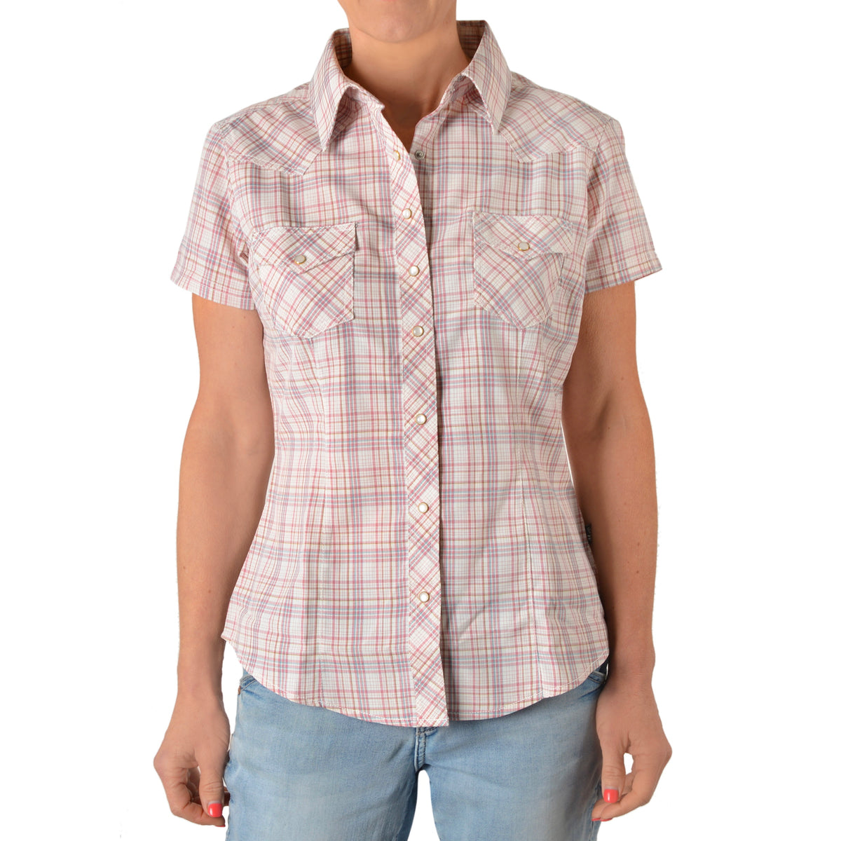 Front of Pure Western Womens Cherry Check Western Short Sleeve Shirt