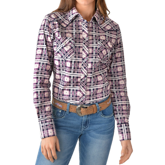 Front view of model wearing Pure Western Women's Victoria Check Western Long Sleeve Shirt in Navy/Multi