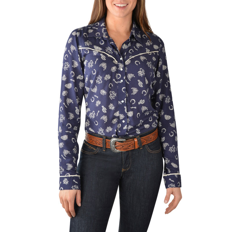 Front view of model wearing Edgewood Print Long Sleeve Western Shirt in Navy & Ivory