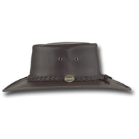 Side view of Barmah Squashy Full Grain Leather Hat in Brown