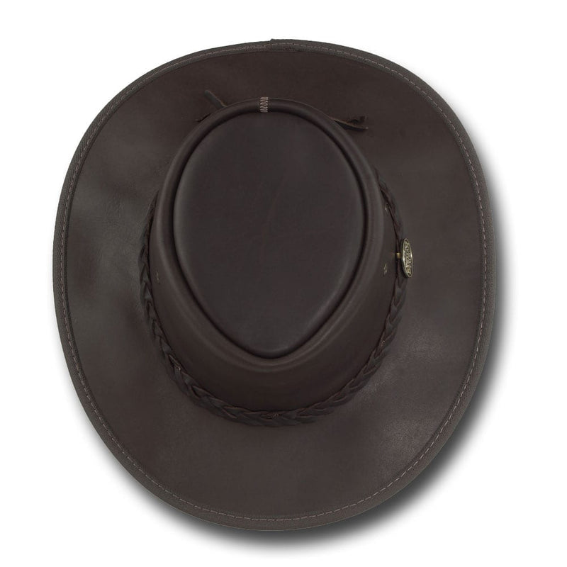 Top down view of Barmah Squashy Full Grain Leather Hat in Brown