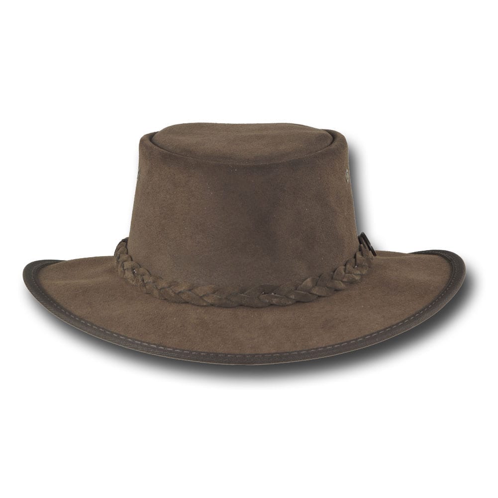 Front of Barmah Foldaway Squashy Cattle Suede Hat in Brown