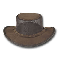 Front view of Barmah Foldaway Suede Cooler Hat in Brown