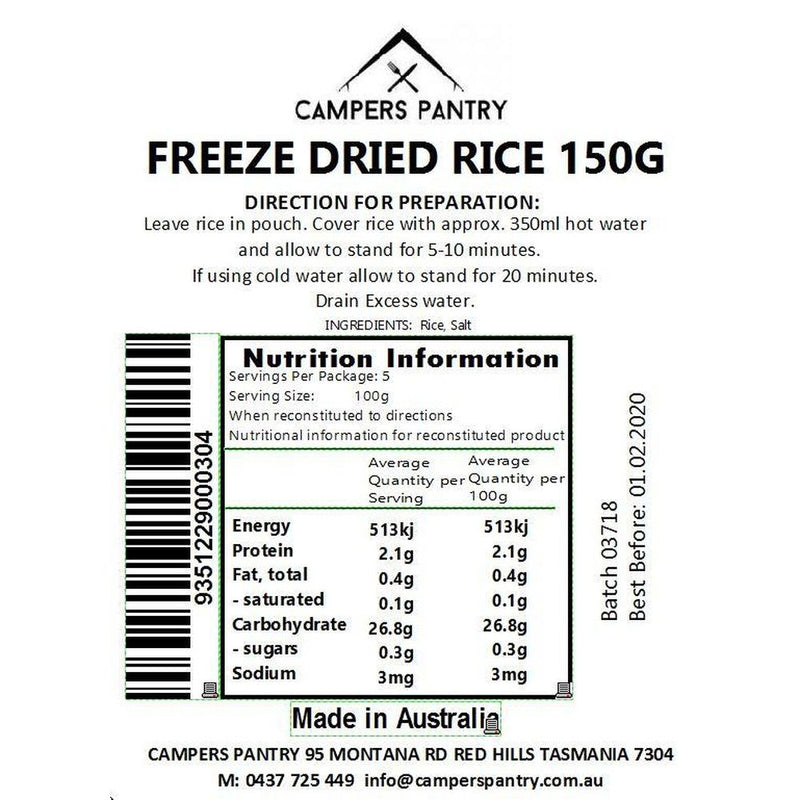 Campers Pantry Freeze Dried Rice Ingredients