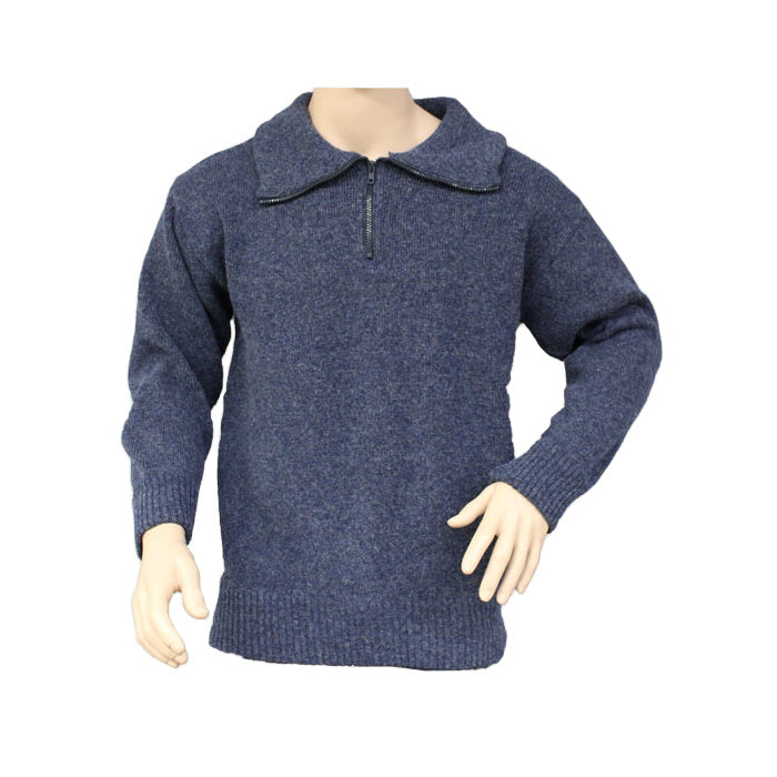 Denim Interknit Zip Front Wool Jumper on mannequin