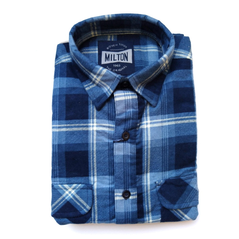 Milton Men's Half Button Flannelette Shirt in Navy/Blue/White