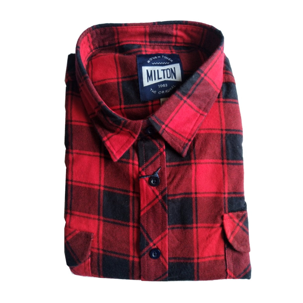Milton Men's Half Button Flannelette Shirt in Red/Black