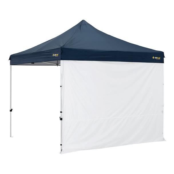 Oztrail Solid White Wall attached to a Oztrail 3.0 Gazebo with Blue canopy
