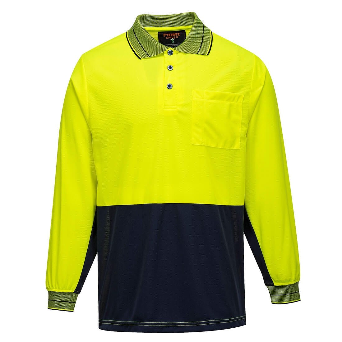 Front of Portwest Hi Vis 2 Tone Micro Mesh Long Sleeve Polo in Yellow/Navy