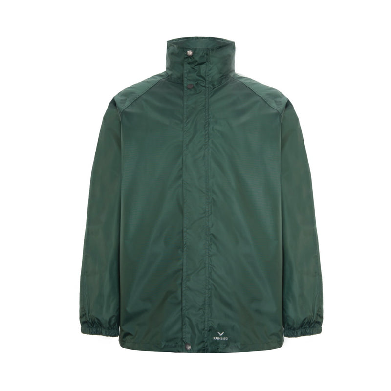 Front view of Rainbird Stowaway Jacket in Forest Green