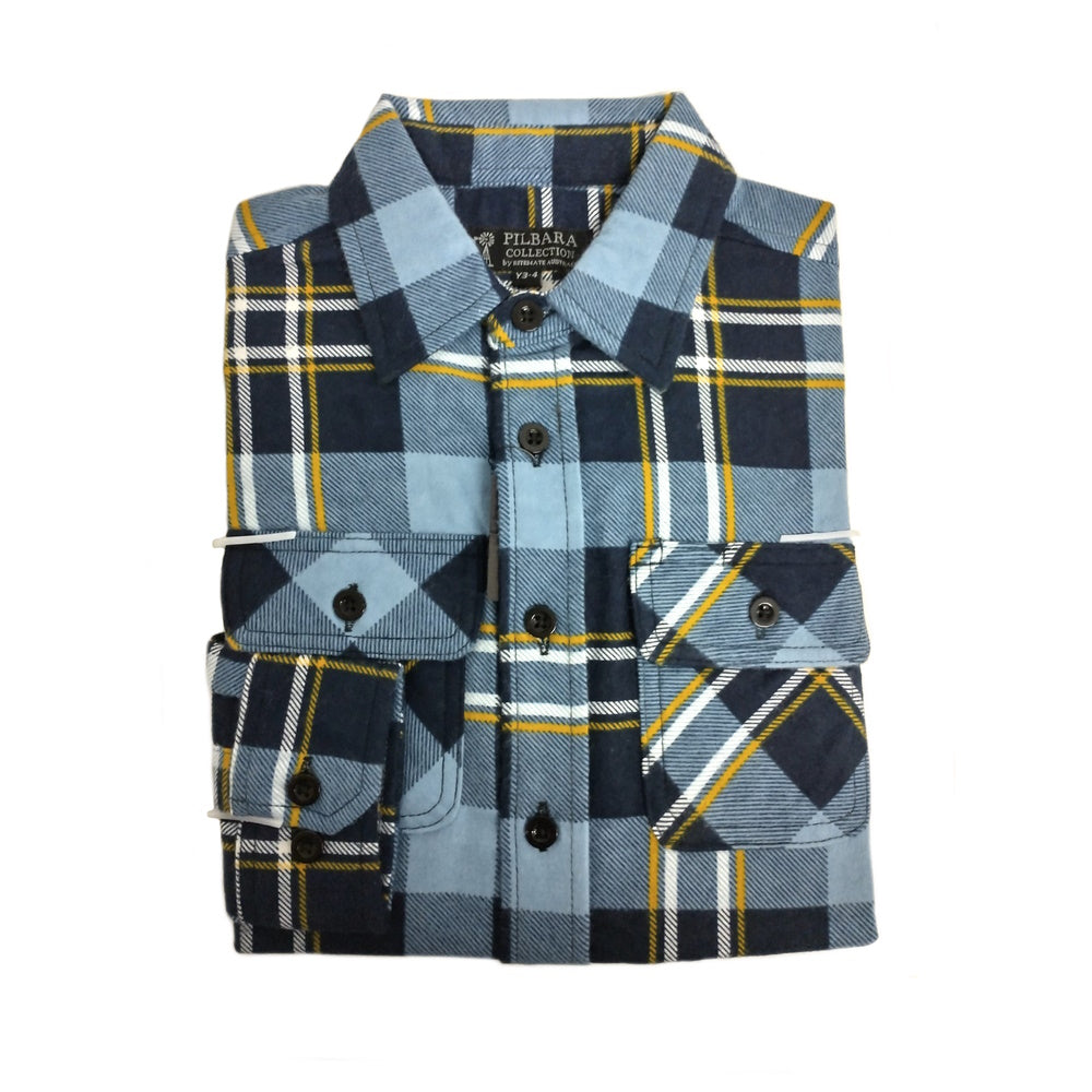 Pilbara Kids Open Front Kids Flannelette Shirt in Blue/Yellow