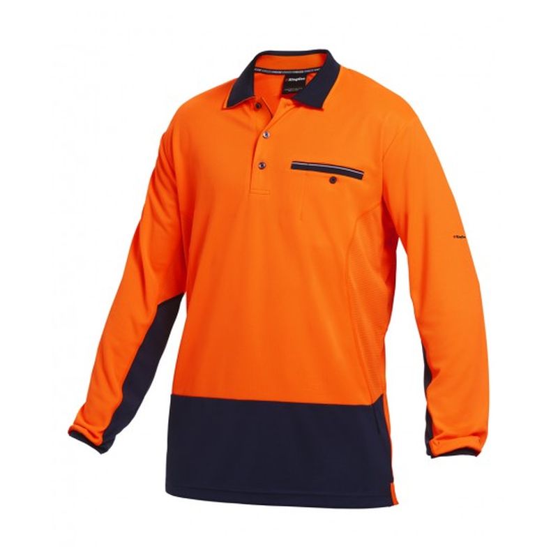 KingGee Workcool Hyperfreeze Hi Vis Long Sleeve Polo in Orange/Navy