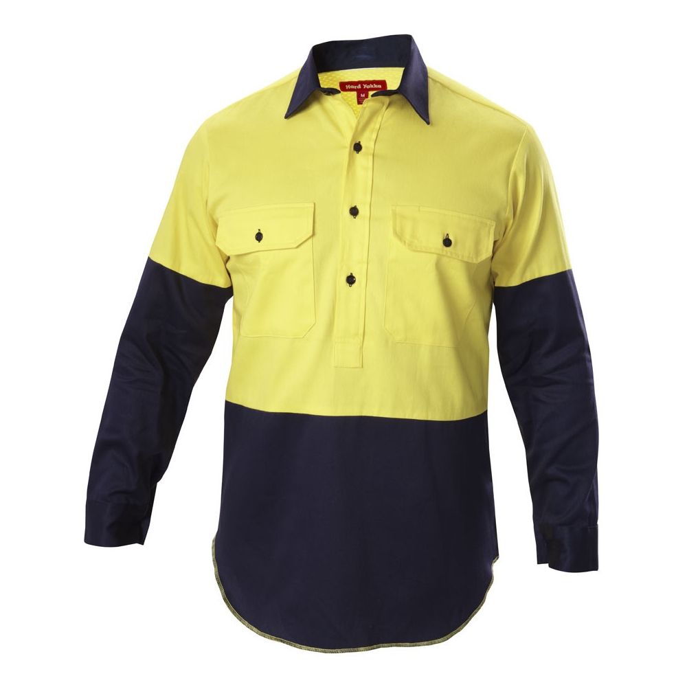 Hard Yakka Hi Vis 2 Tone Closed Front Long Sleeve Shirt Yellow/Navy