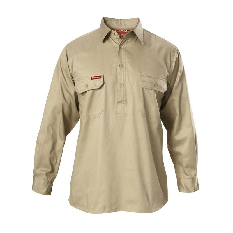 Hard Yakka Cotton Drill Closed Front Long Sleeve Work Shirt Khaki